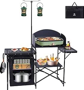 Nice C Camping Kitchen Station, Folding Table & Organizers, Upgrade Light Stand and Windshield Cooking Station, Carry Bag for Beach, Picnic (Black)