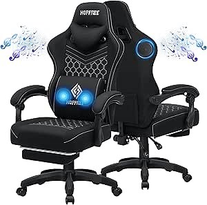 HOFFREE Gaming Chair Computer Chair Fabric with Bluetooth Speakers Massage Game Chair with Footrest Ergonomic High Back Gamer Chair with Lumbar Support Reclining Gaming Chairs for Adults Black Fabric