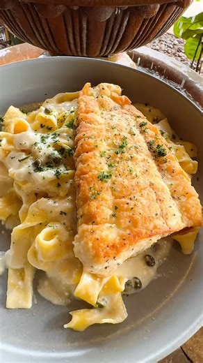 Chef Special: Cape Canaveral Flounder, pan fried until perfectly crisp over pappardelle with a lemon caper cream sauce. Available while supplies last. #localseafood #chefspecial | Norwood's Treehouse Bar
