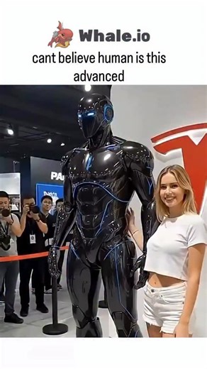 CURSED on Instagram: "The video showcases a humanoid robot at a technology exhibition, demonstrating advanced engineering and design. The robot, with a sleek black body and glowing blue accents, interacts with a woman who climbs onto its shoulders, revealing a complex internal structure filled with mechanical components and wiring. After the woman dismounts, the robot smoothly walks away from the camera, passing by onlookers in a well-lit and spacious exhibition hall. The scene transitions as th