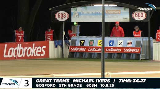 14K views · 149 reactions | Great Terms turned it on at Gosford last night! He clocked a very great (and PB) time of 34.27s in his 7 1/4 length victory over Vito's Poolish, making it two wins in a row - and bringing his record over the 603m at Gosford to four starts for three wins.  #thedogs Gosford Greyhound Club | The Dogs | Facebook