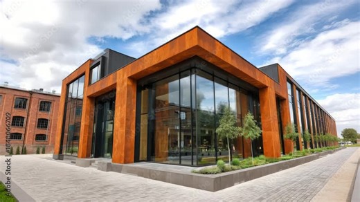 Modern building design showcases angular shapes and industrial elements in a city setting near historical structures