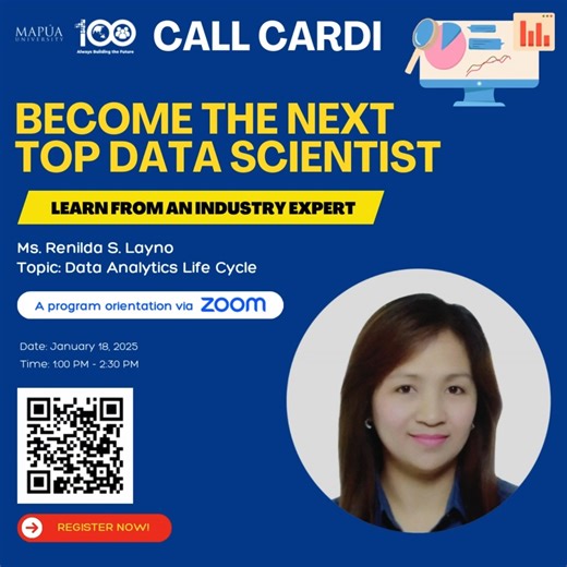 Are you team Data Science 💻 or Game Development 🎮? Either way, we’ve got you! Join us for an engaging and informative afternoon with Mapúa’s Call Cardi—a program orientation designed for incoming college students to start building their future! 😎✨ Gain valuable insights from industry experts as Ms. Renilda S. Layno delves into the Data Analytics Life Cycle and Dean Ariel Kelly D. Balan explores the world of Game Development. This exciting event is happening on January 18, 2025, from 1:00 PM t