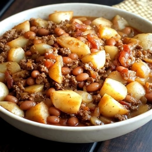 HOBO STEW Ingredients: • 1 lb ground beef • 1 cup chopped onion • 1...