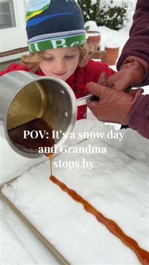 There’s nothing like grandma coming over to make maple syrup lollipops on a snow day. Memories in the making ❄️🍁 Maple Taffy Recipe 1 cup maple syrup 5 to 10 wooden sticks Clean fresh snow Heat maple syrup over medium high heat until boiling. Simmer for 15 to 20 minutes until it reaches 237 to 240°F or until drops form soft balls in cold water. Carefully pour the syrup in lines over clean snow, then gently roll onto a stick to make a lollipop.