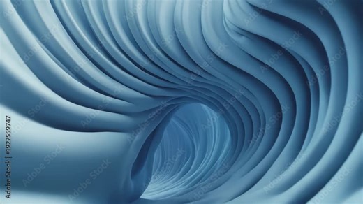 Abstract tunnel composed of many blue and light blue curved layers creating a dynamic and organic movement, leading the eye into a bright digital space