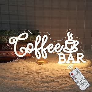 Coffee Bar Neon Sign, Dimmable Warm White Cofee LED Sign for Wall Decor, USB Powered Cafe Light Up Signs for Cafes Restaurants Shop, Coffee Corner Home Kitchen Decoration Gift
