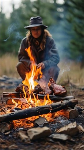 Woman Cooking Meat Over a Campfire | Wilderness Survival & Bushcraft Cooking #catchandcook #survive