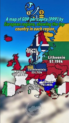 2/24🗓️A map of GDP per capita (PPP) by European regions, showing the top country in each region