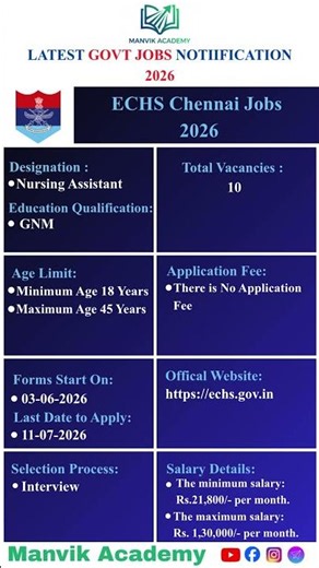 ECHS Chennai Recruitment 2026 | Nursing Assistant / GNM Jobs | Full Details