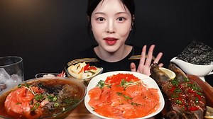 Salmon Noodles, Giant Soy Sauce Tiger Shrimp & Salmon Rice Bowl Mukbang | ASMR | Boki Mukbang