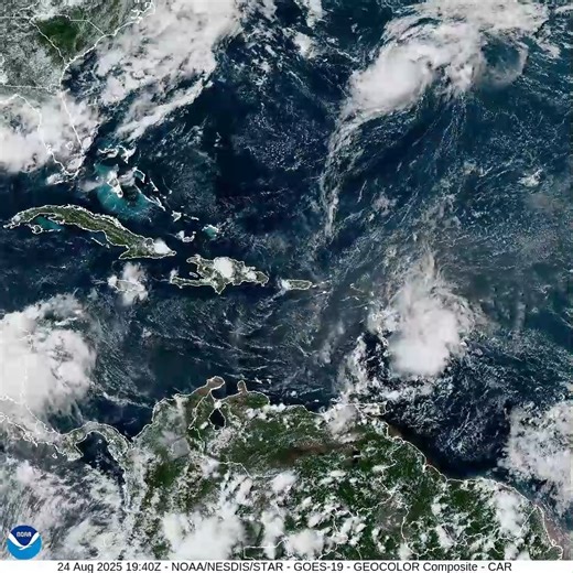 This geo-colour satellite image from the National Hurricane Centre (NHC), shows the weather systems currently active in the wider Caribbean region and over the next couple of hours. Forecasters from the T&T Met Service note that tonight, fair and hazy intervals will be interrupted at times by few isolated light to moderate showers and a moderate (40%) chance of the isolated thunderstorm. Tomorrow will be fair and hazy, but conditions will become partly cloudy at times with associated light to mo