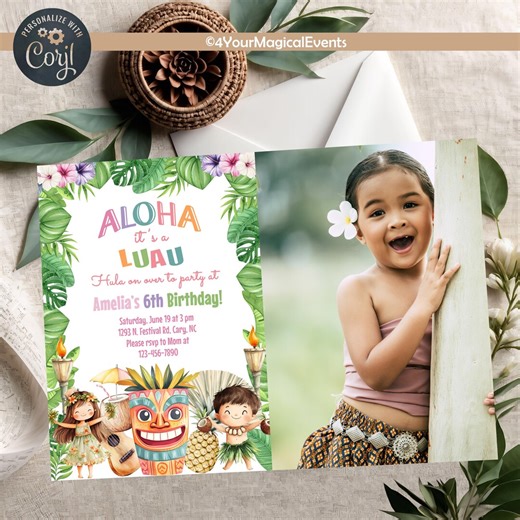 Hawaiian Aloha Birthday Invitation, Tropical Beach Birthday Invite, Summer Photo Invitation, Digital Printable, Editable, Hawaiian Luau. - Etsy