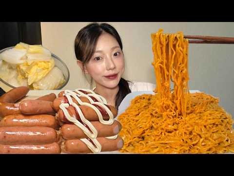 꾸덕 로제 불닭볶음면에 육즙 폭발 킬바사 소시지! 느끼할 때 백김치 한입 먹방 Rose Buldak & Juicy Kielbasa sausage Mukbang with Kimchi