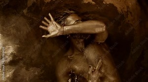 handsome man is covered by golden dye is floating in melted gold or bronze