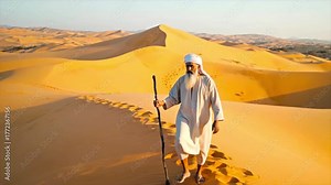 Biblical Scene of Israelites Marching Around Jericho Walls. ancient biblical figure on journey, religious history footage, Old man with staff walking on sand dunes. Moses Observing the Burning Bush