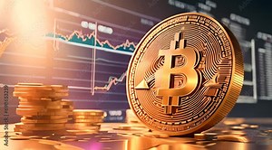 Bitcoin with financial graphs in the background, crypto infographic