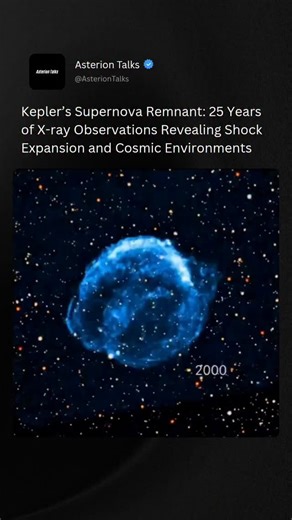 Asterion Talks on Instagram: "Kepler’s Supernova Remnant is the expanding aftermath of a Type Ia supernova—an event triggered when a white dwarf exceeded the Chandrasekhar limit after gaining mass from a companion or merging with another white dwarf. Once this critical threshold was crossed, electron degeneracy pressure could no longer counter gravity, leading to a thermonuclear runaway that unbound the star in a fraction of a second. The explosion ejected stellar material at relativistic fracti