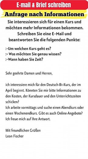 Deutsch E-Mail schreiben A2/B1: Anfrage nach Kursinformationen – mit Beispiel