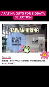 HIRING FACTORY WORKERS Company: Wistron Neweb Corp. Salary: NT$28,590 NO PLACEMENT FEE *Huwag na huwag makipagtransact sa labas ng opisina ng agency. *Beware of Scammers, please mag-transact lang po kayo mismo sa opisina ng Everbest Overseas Employment Agency Incorporated Address: Rm. 406 Paragon Tower, 531 A. Flores St., Ermita, Manila APPLY NOW! #factoryworker #pinoyrefresher https://pinoyrefresher.com/hiring-factory-workers-for-wnc-under-everbest-agency/ #taiwanjob #EverbestAgency #wnc https: