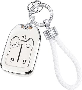 for GMC Key Fob Cover with Diamond Keychain Compatible with 2019 2020 2021 2022 Silverado Sierra 1500 2500HD 3500HD Terrain Acadia Smart Key