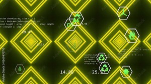 Opening rotating diamond grid while icons drifting and code scrolling simulating data updates Stock Video