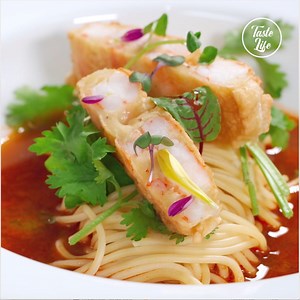 Rolled noodles topped with slices of a shrimp cake by Chef Bao 🍝🦐 Yummy! 😋 Recipe: https://www.tasteshow.com/?post_type=product&p=16470_16470.html | Taste Life
