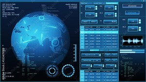 Futuristic spaceship control panel interface. Spacecraft digital dashboard background with indicators and tools. The concept of space travel, space exploration and science.