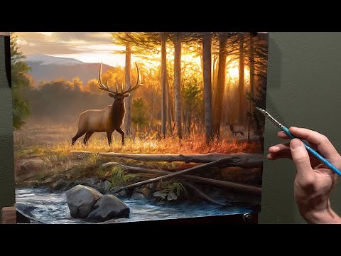 Landscape Oil Painting "Autumn Sings" - Bull Elk at Sunrise