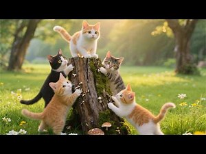 Colorful kittens playing together on the grass - Meowing sounds - Cat video