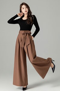 Wide Leg Wool Pants, Belted Wool Palazzo Trousers, Long Wool Pants, Women's Pleated Wool Pants, High Waisted Wool Pants, Xiaolizi 4504# - Etsy