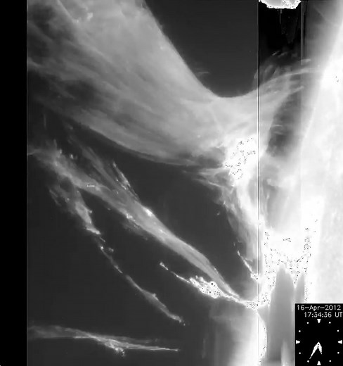 • A Prominence Eruption with a M-class solar flare occurred on 16 April 2012. [Instrument: Hinode/ Solar Optical Telescope (SOT), Wavelength: 394 nm Calcium H line)] We can see prominence erupting to interplanetary space. A flare occurs simultaneously at the bottom region of the eruption. (Observed by Solar Optical Telescope (SOT), wavelength: calcium H line [396 nm]) • Credit: “NAOJ, JAXA, NASA/MSFC” | Astronomy Nation