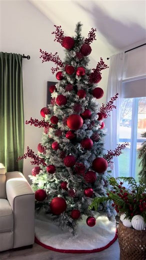Red ornaments on a frosted tree is gorgeous #christmas #christmasdecor #christmasdecorideas #budgetfriendlychristmasdecorating #budgetfriendlychristmasdecor #hobbylobby #hobbylobbychristmas #budgetfriendlychristmas #biglotsfind #walmartchristmasfinds