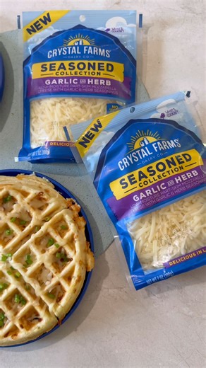 Who says waffles are just for breakfast? These savory waffles, made with our Garlic & Herb Seasoned Shreds, are the ultimate weeknight comfort food 🧇 Find the recipe at the link in our bio. | Crystal Farms Cheese