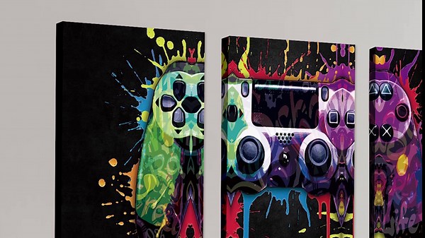Gamepad Graffiti Framed Canvas Wall Art Set, Gamer Room Wall Decor, Black Video Game Theme Wall Painting, Colorful Gaming Controller Art Print for Living Room Boys Bedroom Playroom 16"x24"x3