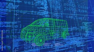 Animation of van with graphical user interface moving over programming data and grid pattern