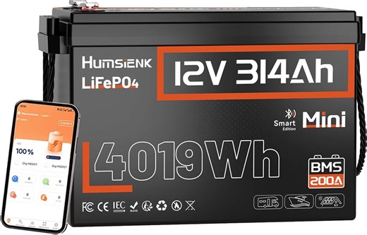 HumsiENK 12V 300Ah LiFePO4 Lithium Battery Mini with Bluetooth(314Ah), Built-in 200A BMS, 15000 Deep Cycles,12V Marine Battery Waterproof with Low-Temp Protection for Torlling Motor RVs Solar System