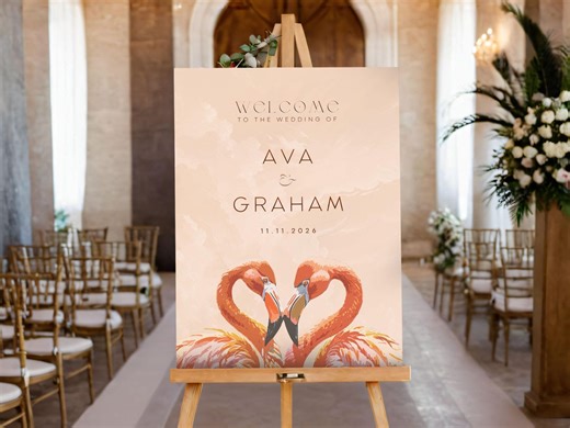 Tropical Flamingos Wedding Welcome Sign, Printable Canva Poster Template, Animal Love Sign Theme Easel Art, Orange Watercolor Design Signage - Etsy