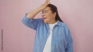 Oops! beautiful middle age hispanic woman in glasses, realizes her mistake, hand on head. forgetful memory over annoying error, isolated on pink background