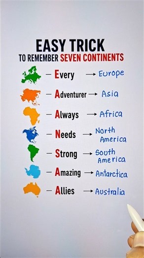 Easy Trick To Remember 7 Continents 📖💯 #education #learning #shorts