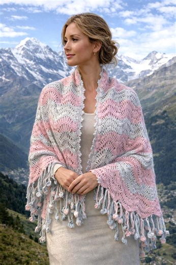 Openwork Crochet Scarf, Pink Gray Wool Stole for Cottagecore Wardrobes - Etsy