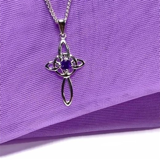 Amethyst coloured Celtic cross sterling silver necklace