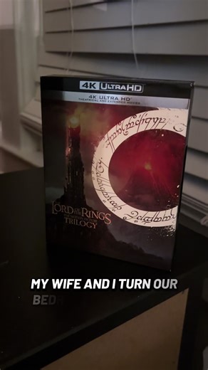 Every year my wife and I turn our bedroom into a hobbit hole, bring the TV and speakers upstairs, and make it peak cozy to marathon Lord of the Rings. Here’s what it looked like this year. #lordoftherings #filmtok #lotr #lordoftheringstiktok #physicalmedia