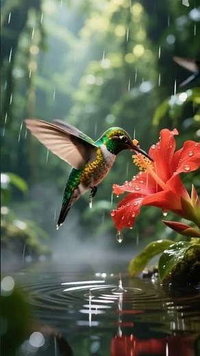 Relaxing Rainforest Scene in 4K | Hummingbird Drinking Nectar in the Rain | Soothing Nature Sounds