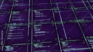 Streaming digital data abstraction with numbers and letters in rows of square shapes. Animation. Violet futuristic background with running code lines, seamless loop.
