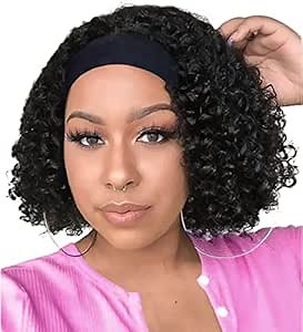 XSY Headband Wig Human Hair Deep Wave Glueless None Lace Front Wig Deep Curly Headband Wig Wear and Go Wigs for Black Women Brazilian Virgin Hair 150% Density Natural Color 8 Inch