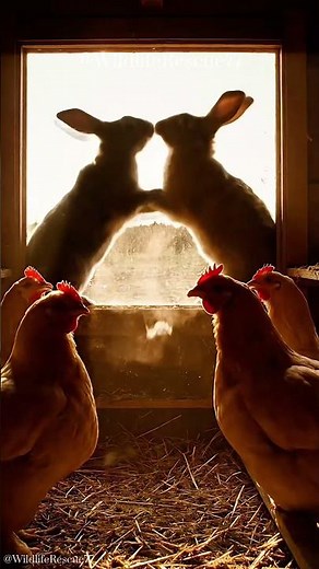 Boxing barn bunnies shock the chickens in this dawn coop moment #rabbit #chicken