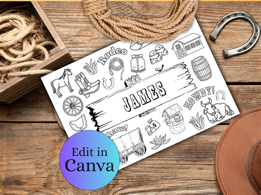 Custom Cowboy Colouring Page, Personalised Kids Name Activity Sheet, DIY Editable Busy Child Craft, Instant Digital Download, Canva Template - Etsy