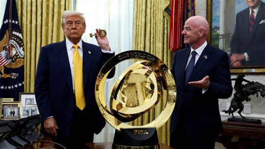 Chelsea captain Reece James reacts to Donald Trump presenting Club World Cup trophy