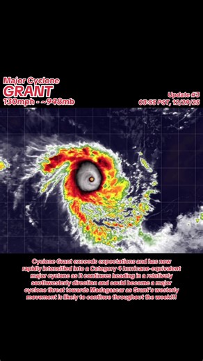 HTTD: How’s Grant Doing? UPDATE 3 - Major Cyclone Grant: Cyclone Grant is officially a major cyclone as it continues to move relatively westward, undergoing a rapid intensification phase over the past 24 hours, going from a mid-range Category 1 hurricane-equivalent cyclone to reaching Category 4 intensity, now threatening 3 major regions: Madagascar, Mauritius, and Réunion, in what seems to be our very last major cyclone of 2025. As of right now, Cyclone Grant currently has maximum sustained win